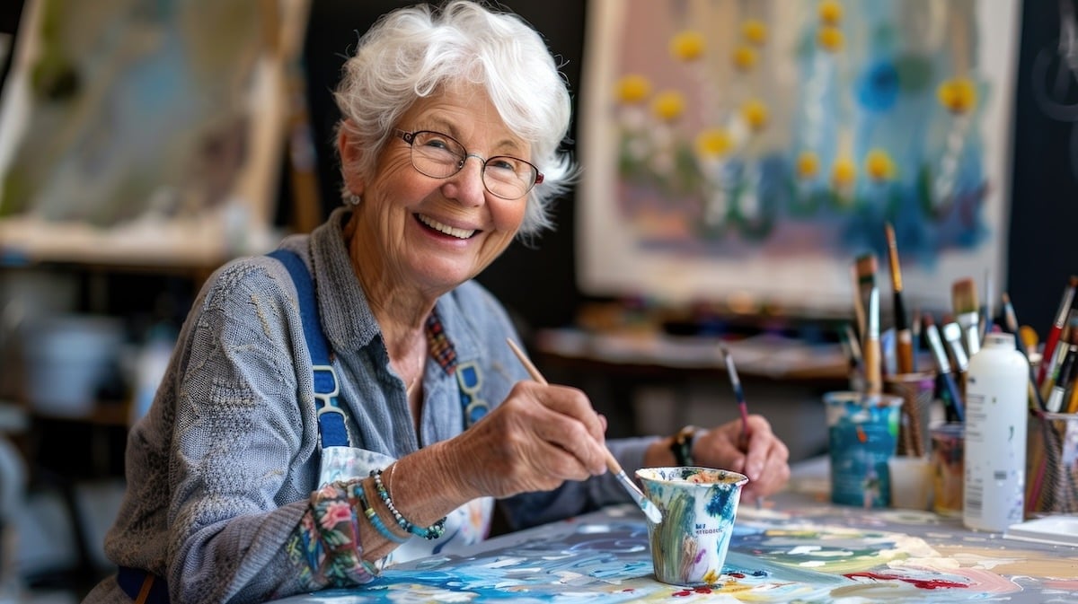 Smiling senior woman painting cup.